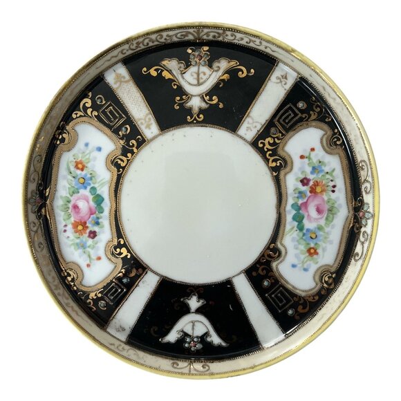 Antique Hand-Painted Nippon Porcelain Saucer, 7" – Moriage Gold Trim, Black & Fl - Picture 1 of 4